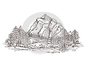 Mountain landscape sketch. Nature doodle drawing, valley panorama. Creative drawing hill, forest and rocks. Vintage