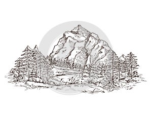Mountain landscape sketch. Nature doodle drawing, valley panorama. Creative drawing hill, forest and rocks. Vintage photo
