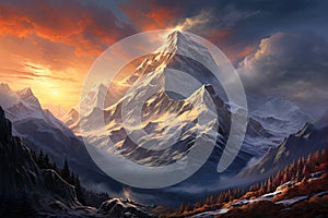 Mountain landscape with snow covered peaks at sunset. 3d render, Stunning painted mountains with a realistic art style, AI