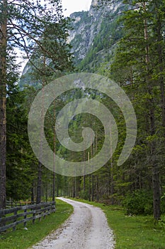 Mountain landscape along the road of Landro Valley, Dolomites photo