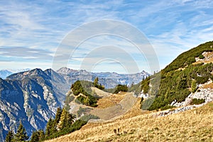 Mountain landscape at sunny day in Austrian Alps. Upper Austria region.
