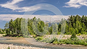 Mountain Landscape On A Sunny Summer Day. Blue Sky, White Clouds, River Splashing, Flowing Over Rocks, Evergreens And Trees