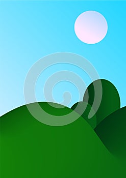 Mountain Landscape and Sunrise Background Vector, beautiful nature view with green hill, trees, blue sky.