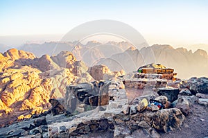 Mountain landscape at sunrise, view from Mount Moses, Sinai Peninsula, Egypt