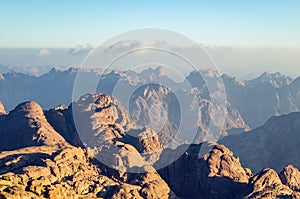 Mountain landscape at sunrise, view from Mount Moses, Sinai Peninsula, Egypt