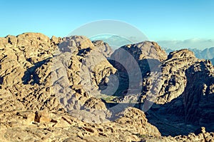 Mountain landscape at sunrise, view from Mount Moses, Sinai Peninsula, Egypt