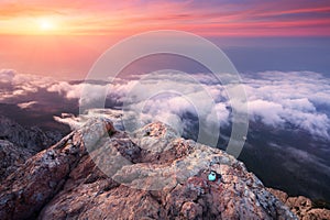 Mountain landscape at sunset. Amazing view from mountain peak. E