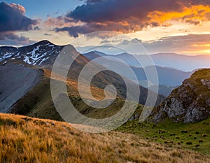 Mountain landscape at sunset in eco friendly environment