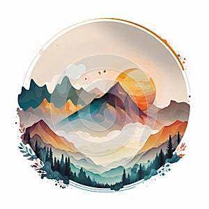 Mountain landscape. Sunset in the mountains. Hand drawn vector illustration.