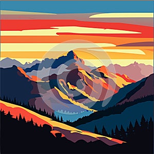 Mountain landscape. Sunset in the mountains. Vector illustration in flat style AI generated