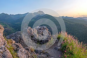 Mountain landscape at sunset, Zakopane, Poland, High Tatras, Nosal Mount, view of peak Giewont photo