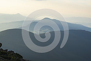 Mountain landscape in Tasmania with slight haze on the horizon