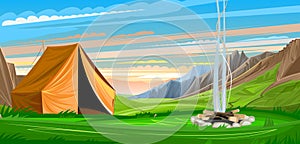 Mountain landscape with a tent. Extinguishing bonfire in the clearing. Morning. The sky is in the clouds. Flat style. Vector