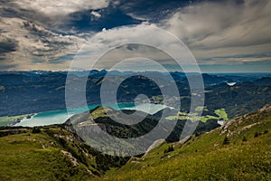 Mountain landscape on the top of the hiking trail to the Schafberg and view of landscape over the Wolfgangsee