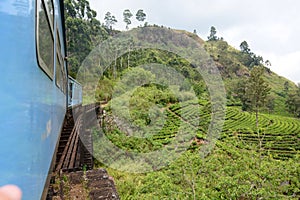 Mountain landscape. Traveling by train between Kandy and Ella. Sri Lanka