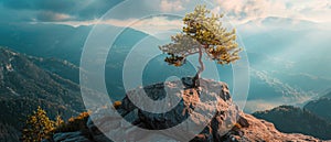 Mountain landscape with tree in summer, scenic lonely pine on cliff top, panoramic view. Concept of nature, sky, outdoor, travel,