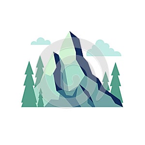Mountain landscape with trees and clouds, flat design style illustration - Vector