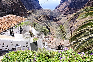 Mountain landscape on tropical island Tenerife, Canary in Spain. Gorge trekking view from Masca Valley. Small house in