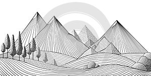 Mountain landscape of vector line art. Minimal outline vector background with mountain ranges. Black and white