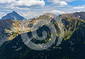 Mountain landscape with a view of the panorama of the peaks of the High Tatras