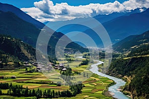 Mountain landscape with village and river in Himalayas, Nepal, Panorama view of Paro valley, Bhutan, AI Generated