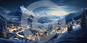 Mountain landscape with village in winter, houses covered snow at night, scenery of ski resort in evening lights on Christmas.