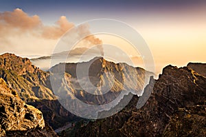 Mountain landscape with volcano eruption during sunset. La Caldera de Taburiente national park, La Palma, Canary Islands