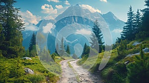 Mountain landscape with a winding hiking trail, encouraging outdoor exploration. Hiking trail along alpine meadow of daisy flowers