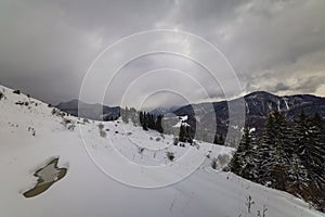 Mountain landscape in winter on a cloudy day. Carpathian Mountains