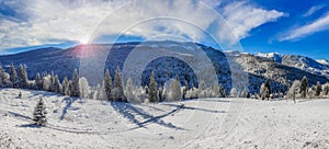 Mountain landscape winter - winter mountain panorama - alpine landscape with trees covered by snow and blue sky