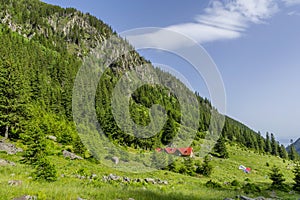 Mountain landscape with wooden mountain chalet in Carpathians