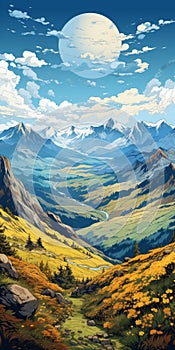 Transcendent Mountain Landscape With Yellow Flowers In Becky Cloonan Style photo