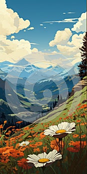 Transcendent Mountain Landscape With Yellow Flowers In Becky Cloonan Style photo