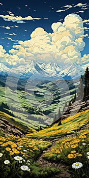 Transcendent Mountain Landscape With Yellow Flowers In Becky Cloonan Style photo