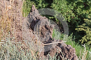 Mountain landslide disaster in sesmically dangerous area. Large cracks in earth, descent of large layers of earth blocking road. M