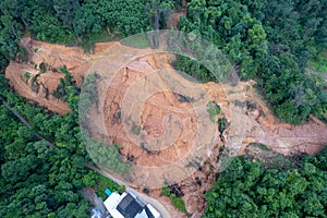 Mountain landslide in an environmentally hazardous area,drone approach a landslide in a tropical jungle natural landscape in Asia,