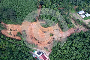 Mountain landslide in an environmentally hazardous area,drone approach a landslide in a tropical jungle natural landscape in Asia,