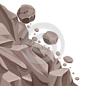 Mountain landslide with falling rocks, stones in cartoon flat style isolated on white background. Natural disaster