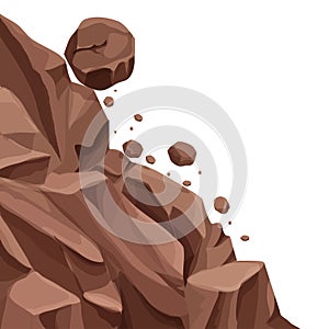 Mountain landslide with falling rocks, stones in cartoon flat style isolated on white background. Natural disaster