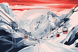 Mountain lift, cable chairlift transport, Ski lift, winter landscape,