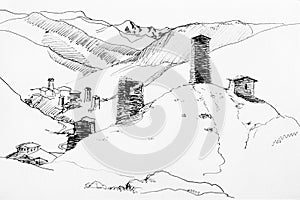 Mountain line art landscape in Ushguli, Svaneti, Georgia