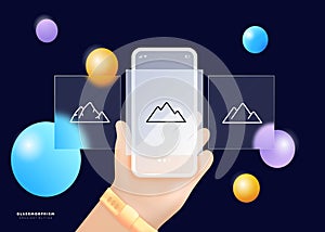 Mountain line icon. Rock, peak, snow, volcano, climber, climb, cliff, height, Glassmorphism. UI phone app screen. Vector line icon