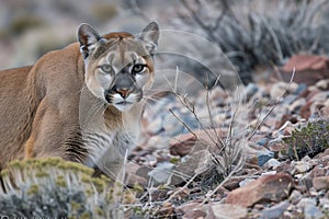 mountain lion crouched, rocks and sparse vegetation