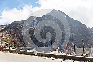 Mountain with little snow and cloud blue sky in winter near Tsomgo Lake in Gangtok, Sikkim, India