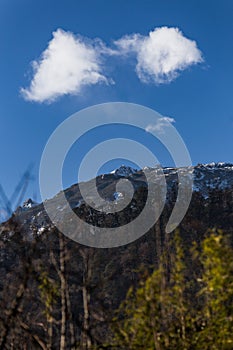 Mountain with little snow and cloud on the top sunlight in the morning at Lachen in North Sikkim, India