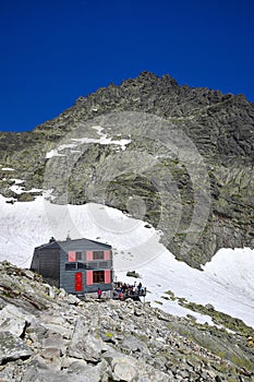 The mountain lodge Chata pod Rysmi near mount Rysy in the High Tatra mountains. Slovakia, Poland photo