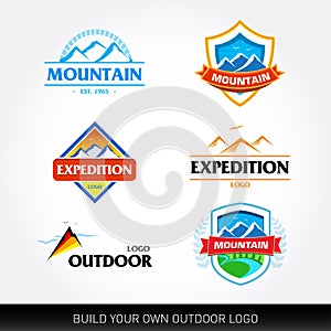 Mountain logo templates and tourism. Expedition, adventure, outdoor badges and icons. T-shirt templates. Vector set