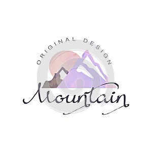 Mountain logo, tourism, hiking and outdoor adventures emblem, retro wilderness badge vector Illustration