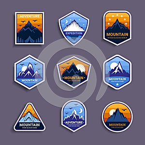 Mountain logo. Travel emblem. Camp colorful logotype, hiking badge, stickers for outdoor tourism, park label, nature
