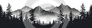 Mountain Majesty: Camping Landscape Panorama with Silhouetted Peaks and Fir Trees - Vector Illustration for Logo Design